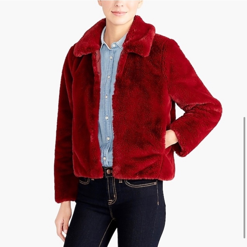 J Crew faux fur jacket, red